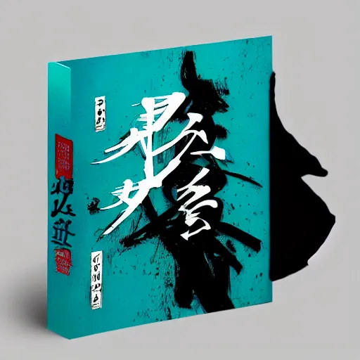 Image similar to samurai ninja random japanese words in the turquoise and black color as scarlxrd album cover