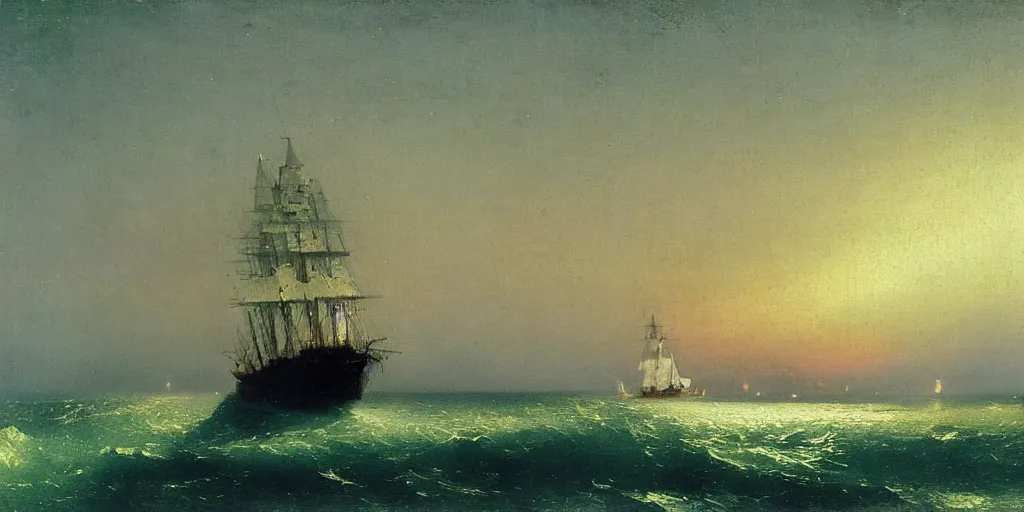 Image similar to “ a single three - masted sail ship beset in solid white ice, nighttime, aurora borealis, painting by ivan aivazovsky ”