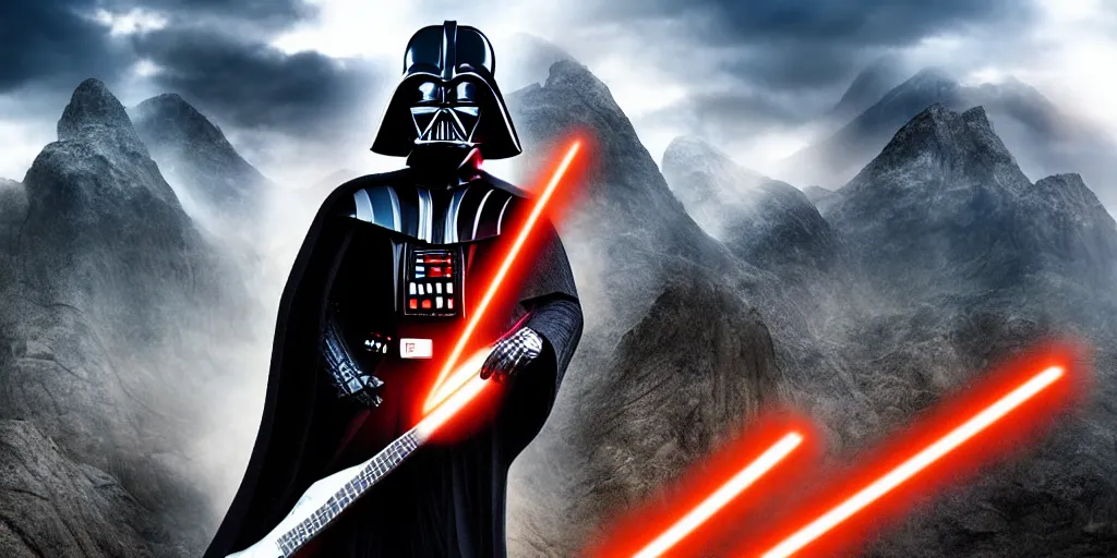 Image similar to Darth Vader playing electric guitar on top of mountain, epic landscape