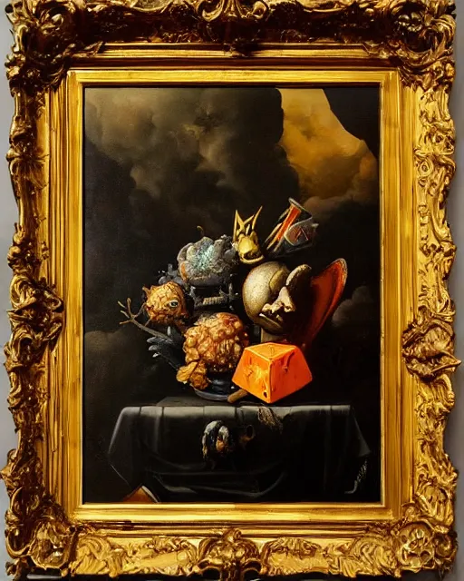 Image similar to refined gorgeous blended oil painting with black background by christian rex van minnen rachel ruysch dali todd schorr of a chiaroscuro portrait of spongebob squarepants dutch golden age vanitas intense chiaroscuro cast shadows obscuring features dramatic lighting perfect symmetry perfect composition masterpiece