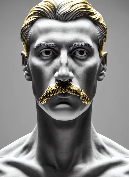 Image similar to a statue made of white marble with gold veins, of josef stalin, transhumanism, full body shot, perfect symmetrical body, perfect symmetrical face, hyper realistic, hyper detailed, by johannen voss, by peter kemp, by monia merlo, by michelangelo, by ernst haeckel, by alex grey, octane render, blender, 8 k