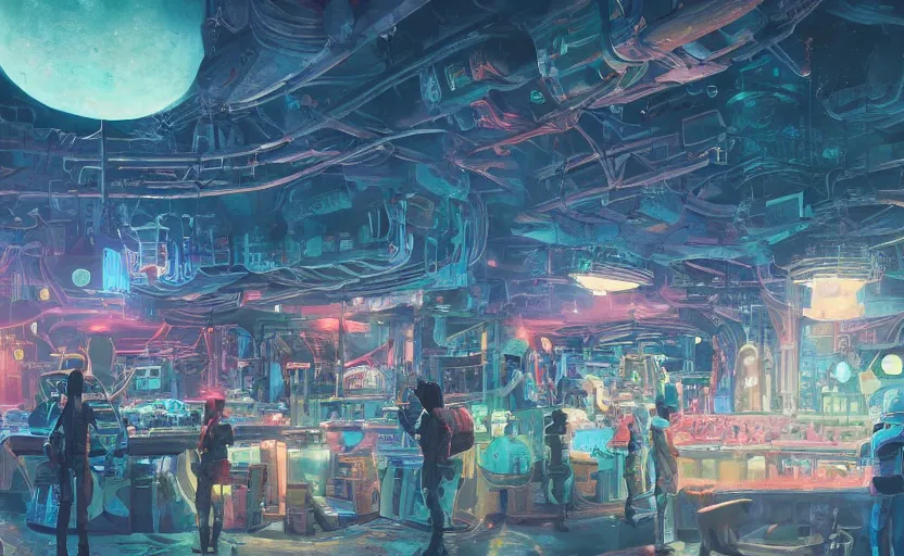 Image similar to a bounty hunter bar in a space opera studio ghibli animated film, global illumination, beautiful composition, volumetric lighting, octane render by alena aenami, highly detailed