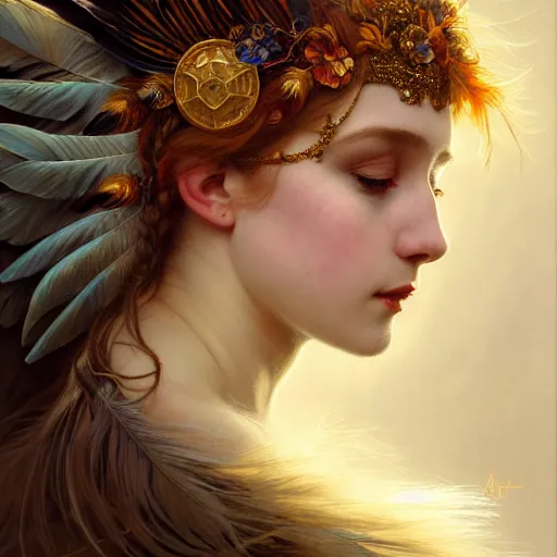 Image similar to portrait of a girl with feathers on her face, face, fantasy, intricate, elegant, dramatic lighting, highly detailed, lifelike, photorealistic, digital painting, artstation, concept art, smooth, sharp focus, illustration, art by John Collier and Krenz Cushart and Artem Demura and Alphonse Mucha and and Albert Aublet