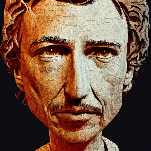 Image similar to accurate portrait of a bob dylan, symmetrical face, carved out of red oak wood on a pedestal art by stephan balkenhol, dramatic lighting, artsy, 8 k