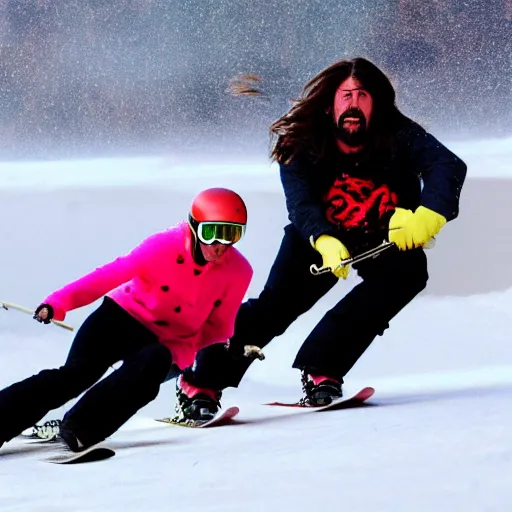 Prompt: dave grohl chasing a woman down a ski slope