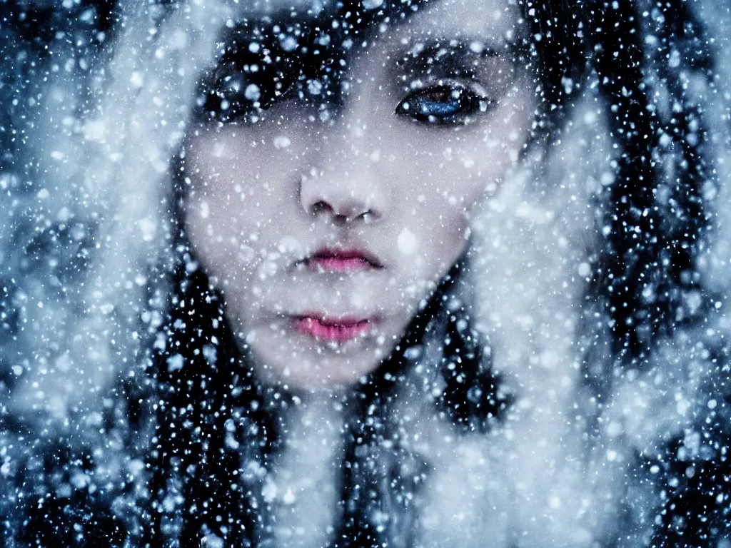 Prompt: the piercing blue eyed stare of yuki onna, running dripping black mascara crying, snowstorm, blizzard, mountain snow, canon eos r 6, bokeh, outline glow, asymmetric unnatural beauty, gentle smile, blue skin, centered, rule of thirds
