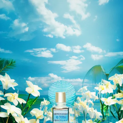 Prompt: centered bright perfume bottle standing in clear blue rippling water surrounded by a plethora of white flowers and tropical leaves and fauna upfront, with dreamy bright blue sky and clouds in the background, illumination lighting, sharp focus, surreal photography, lois van baarle,