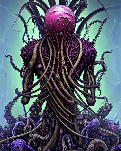 Prompt: the platonic ideal of flowers, rotting, insects and praying of cletus kasady carnage thanos dementor hades chtulu mandelbulb schpongle octopus bioshock xenomorph baraka dead space, ego death, decay, dmt, psilocybin, concept art by randy vargas and zdzisław beksinski