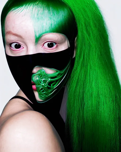 Image similar to symmetrical close - up portrait of a woman wearing a translucent silicone beauty mask and green hair, wearing a black bodysuit by alexander mcqueen, black background, soft diffused light, biotechnology, humanoide robot, bjork aesthetic, translucent, by rineke dijkstra, intricate details, highly detailed, masterpiece,