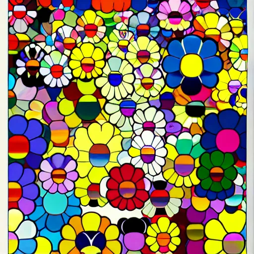 Image similar to silhouette of man's head exploding into flowers, bright colors, Takashi Murakami, Minimalist,