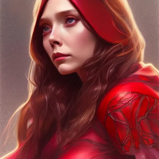 Image similar to ultra realistic illustration, elizabeth olsen as scarlet witch, intricate, elegant, highly detailed, digital painting, artstation, concept art, smooth, sharp focus, illustration, art by artgerm and greg rutkowski and alphonse mucha