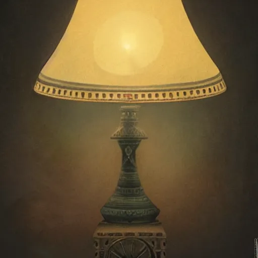 Prompt: A lamp with a lampshade designed by Tom Bagshaw