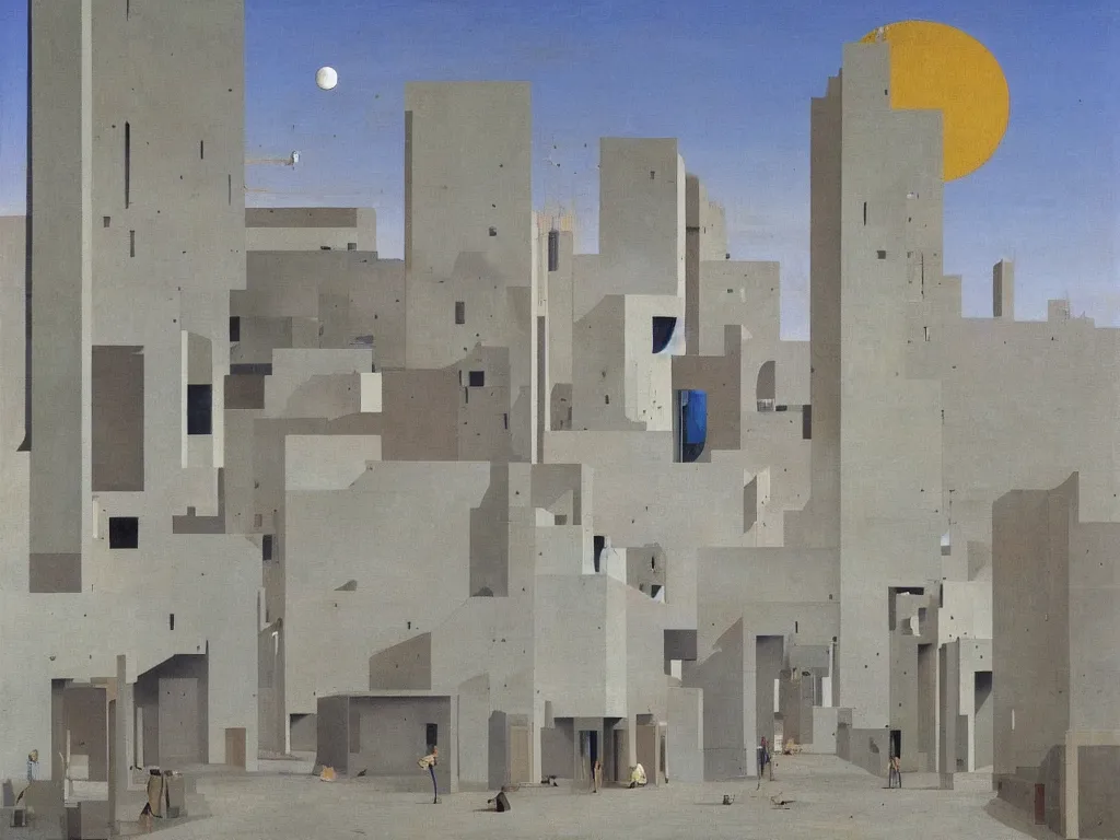 Prompt: Streets of a deserted, brutalist city that now fill with dust, sand, smoke. Clear gradient blue sky. Eye on a plate. Painting by Roger Dean, Piero della Francesca, Yves Tanguy