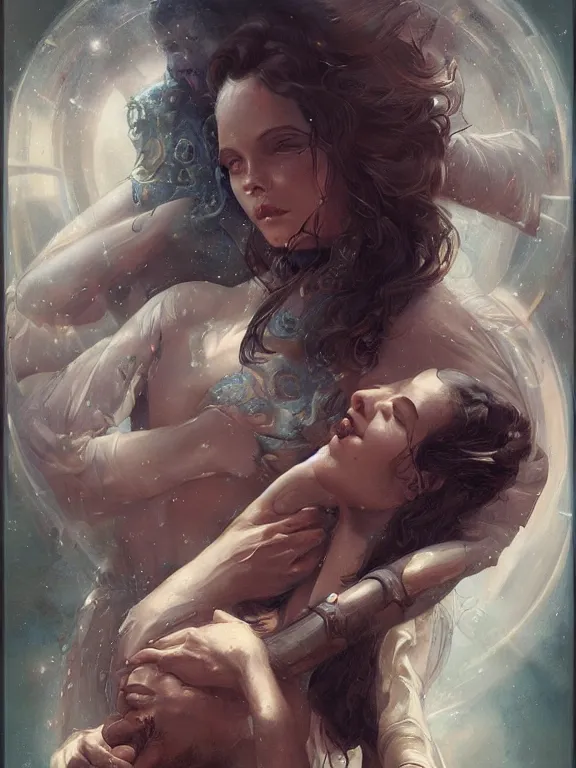 Image similar to a gorgeous portrait of two star-crossed lovers with the weight of their connection bearing down on them, hyperrealistic, award-winning, in the style of Tom Bagshaw, Cedric Peyravernay, Peter Mohrbacher