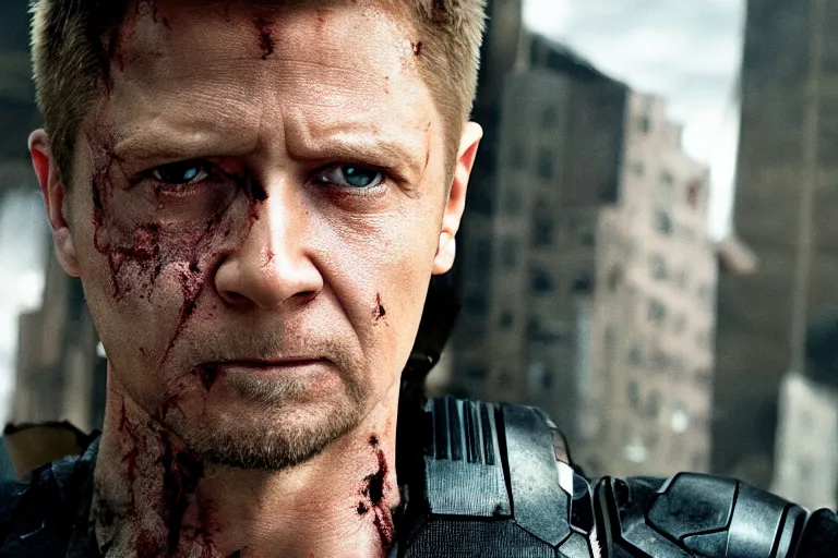 Prompt: film still of Hawkeye as a zombie in new avengers movie, 4k