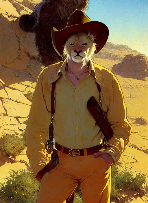 Prompt: beautiful portrait commission of a male Furry Anthro albino mountain lion Fursona wearing a yellow button-down shirt, olive green slacks in a desert western town. Atmospheric. Renowned character illustration by greg rutkowski, thomas kindkade, alphonse mucha, loish, norman rockwell. detailed, inked, western comic book art