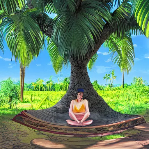 Image similar to person relaxing under the shade of a banana tree, digital art, hyper detailed