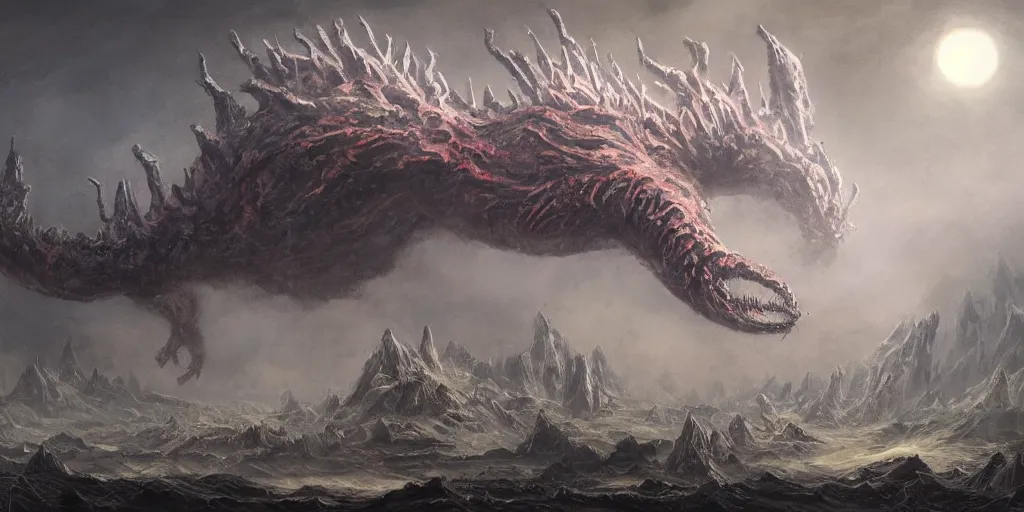 Image similar to concept art of giant kaiju, lovecraftian, roaring, melting horror, round moon, rich clouds, fighting the horrors of the unknown, mirrors, very detailed, volumetric light, mist, grim, fine art, decaying, textured oil over canvas, epic fantasy art, very colorful, ornate scales, anato finnstark