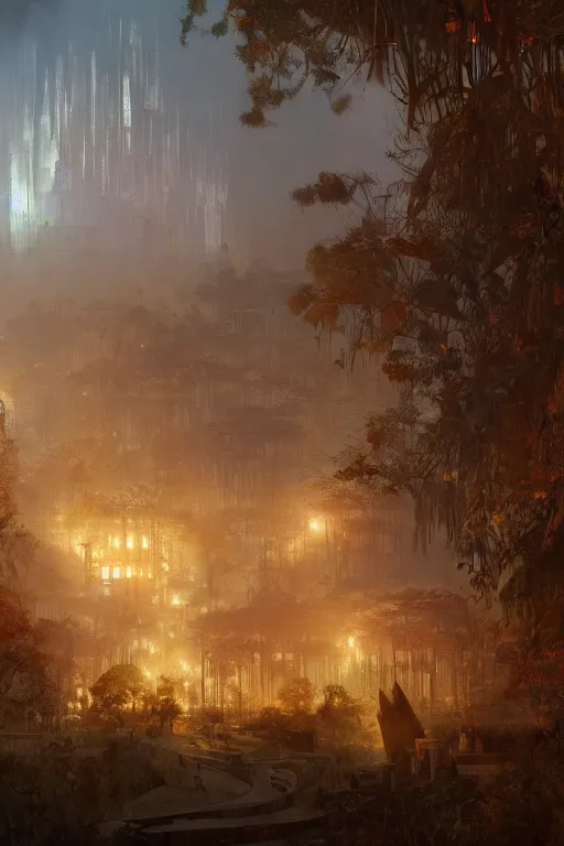 Image similar to old aztec city of gold in the middle of the forest, intricate, elegant, volumetric lighting, digital painting, highly detailed, artstation, sharp focus, illustration, concept art, ruan jia, steve mccurry