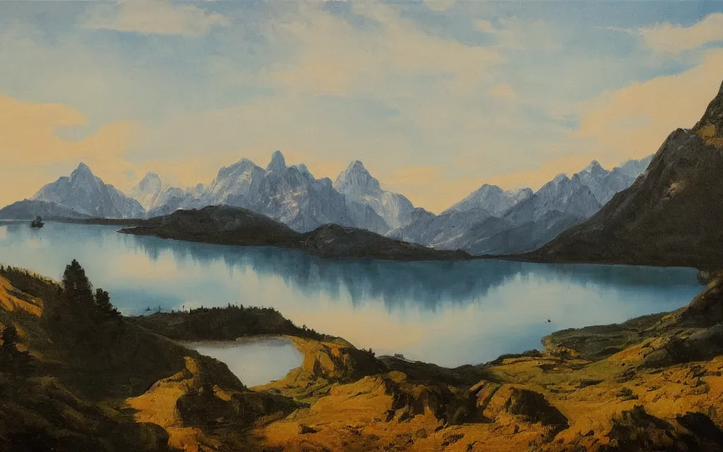 Image similar to a beautiful painting of a serene landscape with a lake in the foreground and jagged mountains in the background