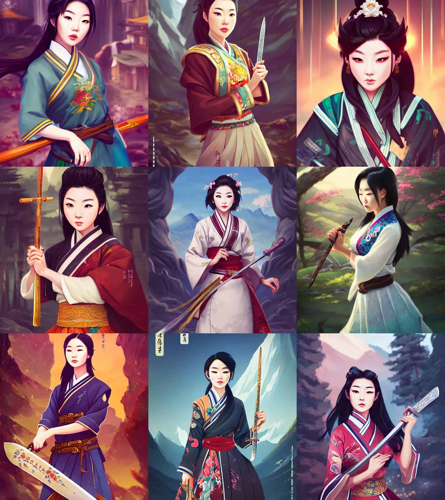 Prompt: a portrait of arden cho chef character in a scenic korean city environment by ross tran and loish, sharp focus, detailed, cinematic, hanbok, ornate korean sword