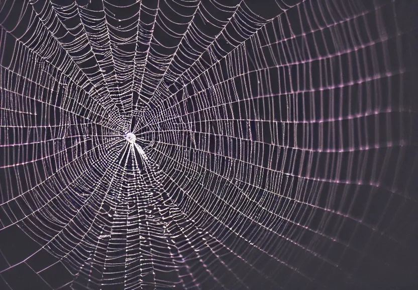 Image similar to a ultra realistic hyper realistic underexposed fujifilm 800 photograph of an intricate neon spider web