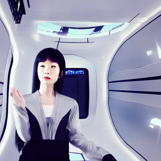 Image similar to a korean woman with long black hair and grey / black futuristic metallic clothing floating in zero - gravity in a spaceship with a white and blue futuristic interior. orange lighting, kodak film grain, expired film