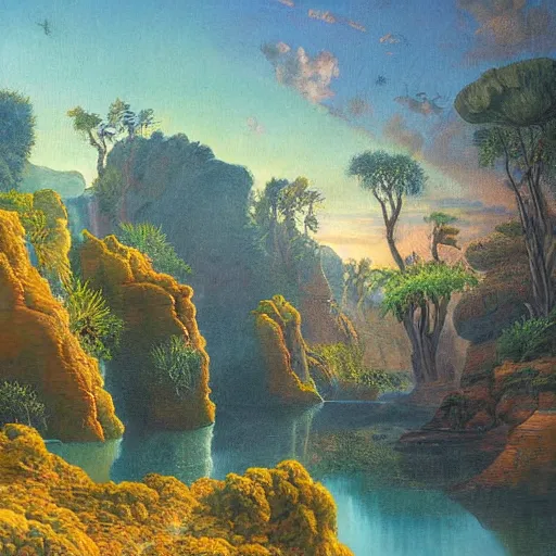 Image similar to detailed painting of a lush natural scene on an alien planet by marinus adrianus koekkoek. beautiful landscape. weird colourful vegetation. cliffs and water.