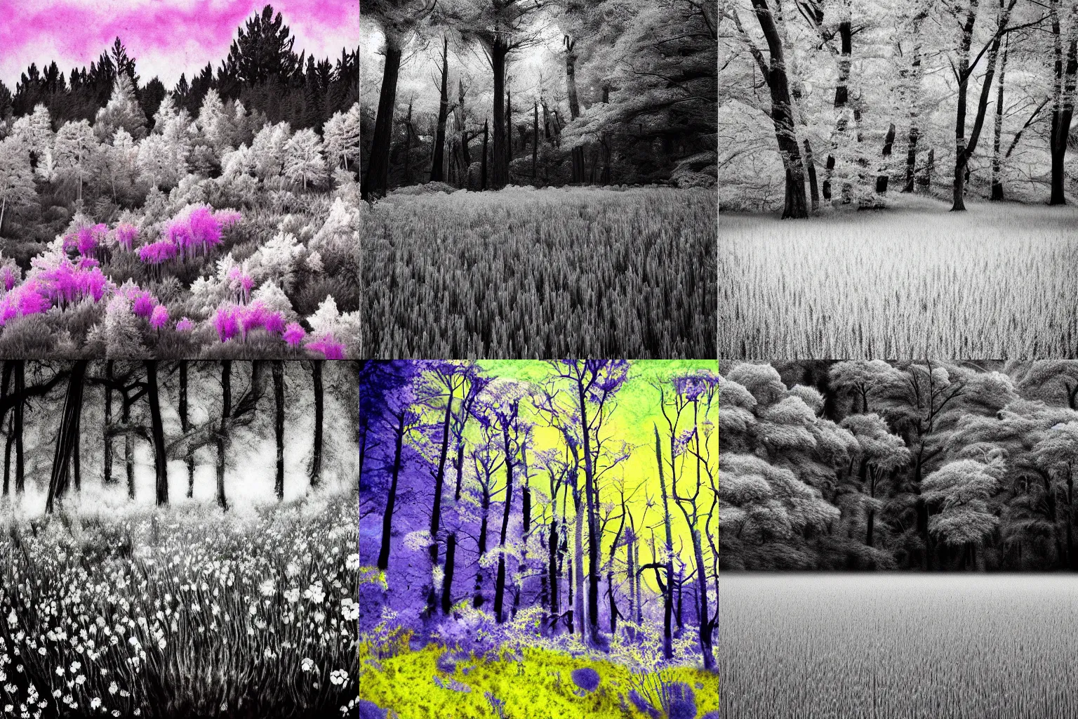 Prompt: A flowery meadow at the edge of a dense redwood forest, infrared photography, ink and wash art
