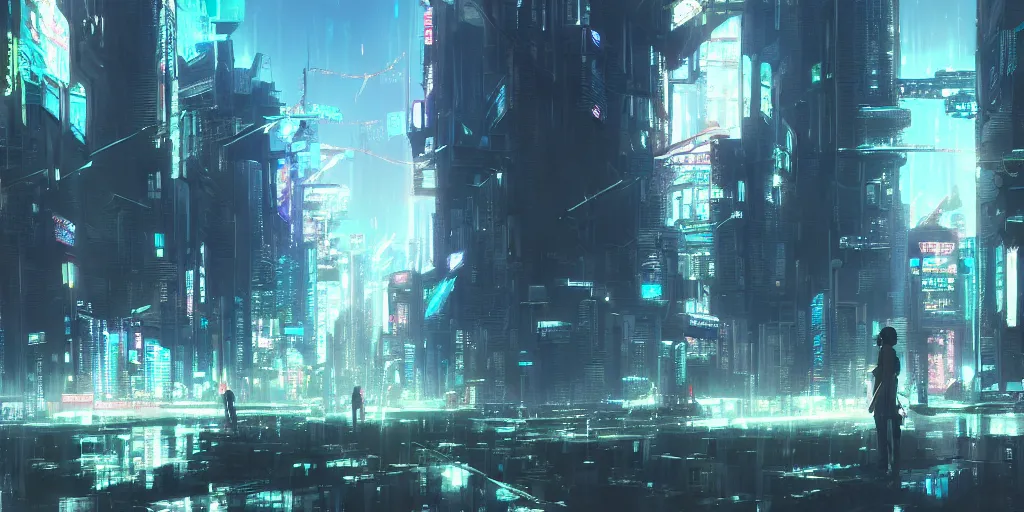 Prompt: a cyberpunk landscape by makoto shinkai, highly detailed digital art, trending on artstation