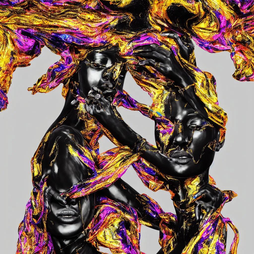 Image similar to hyperdetailed masterpiece portrait of a glossy black marble statue of a woman covered in colorful metallic liquid in the style of virgil abloh and ingrid baars, offwhite, heron prestorn, denoise, vogue, paris, fashion, louvre museum, highly detailed, realistic, hyperreal, 8 k, 4 k, render