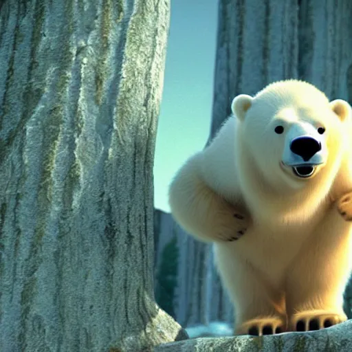 Image similar to pixar still, polar bear, cute polar bear,located in the forest