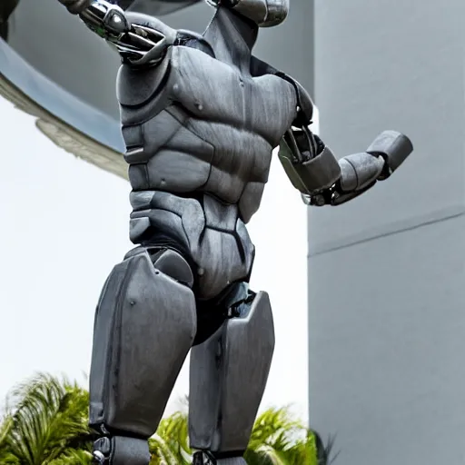 Prompt: a realistic detailed photo of a guy who is an attractive humanoid who is half robot and half humanoid, who is a male android, wrestler finn balor, shiny skin, posing like a statue, blank stare, by the pool, on display, showing off his muscles, humanoid robot, frozen ice statue