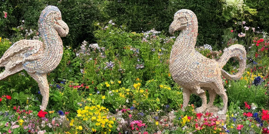 Prompt: extremely detailed pebble mosaic statue, of a griffin, in an english cottage style flower garden