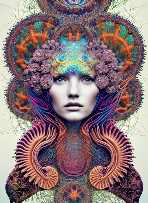 Prompt: ridiculously beautiful young womans face, radiating psychedelics, caduceus, portals into dimensions, coral, birds, symmetrical, in the style of ernst haeckel, effervescent, sacred geometry, surrealism, photo realistic, epic and cinematic