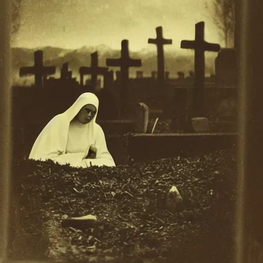 Prompt: antique photograph of an evil catholic nun digging out human bones in a graveyard, night, blurry, mysterious, horror real photo,