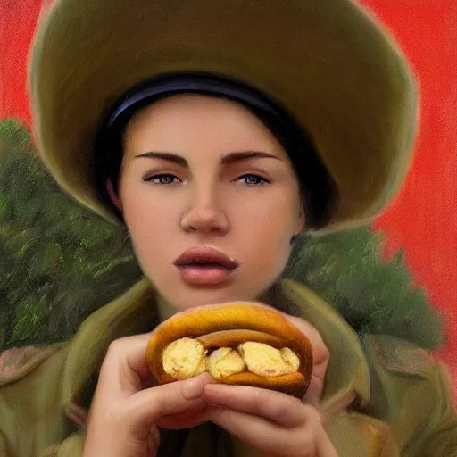 Image similar to high detail portrait oil painting illustration of beuatiful girl as soviet red army soldier eating hot baked bun, in khaki tunic, by justin sweet with face and body clearly visible, in a scenic background, pupils visible, realistic proportions, artstation trending, high quality, sombre mood, artstation trending, muted colours, entire person visible!