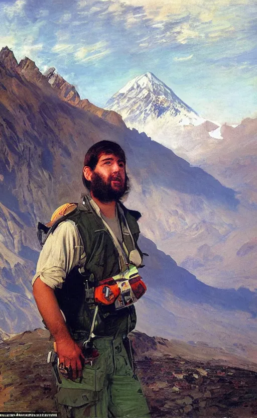 Prompt: portrait of gabriel boric with the andes mountain range in the background in a dystopic chile by john berkey and monet