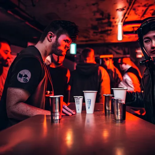 Image similar to photograph of retro techwear people with solo cups loitering near the bar of a packed busy rundown nightclub, retrofuturism, brutalism, cyberpunk, sigma 85mm f/1.4, 35mm, 4k, depth of field, high resolution, 4k, 8k, hd, highly detailed, full color