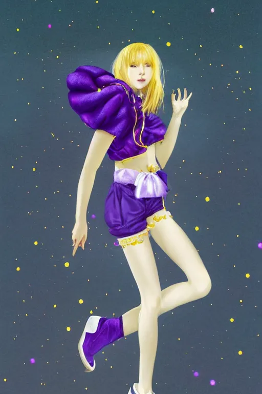 Prompt: Full View lonely girl with short blond hair wearing an oversized purple Beret, Baggy Purple overall shorts, Short Puffy pants made of silk, silk shoes, a big billowy scarf, Golden Ribbon, and white leggings Covered in stars. Short Hair. Purple silk gloves. masterpiece 4k digital illustration by Ruan Jia and Mandy Jurgens and Artgerm and william-adolphe bouguereau, award winning, Artstation, art nouveau aesthetic, Alphonse Mucha background, intricate details, realistic, panoramic view, Hyperdetailed, 8k resolution, intricate art nouveau