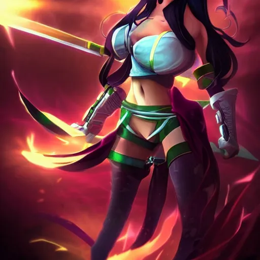 Prompt: Akali from league of legends anime, digital art, beautiful composition, amazing colours, atmospheric, lens flares, sun rays, award winning