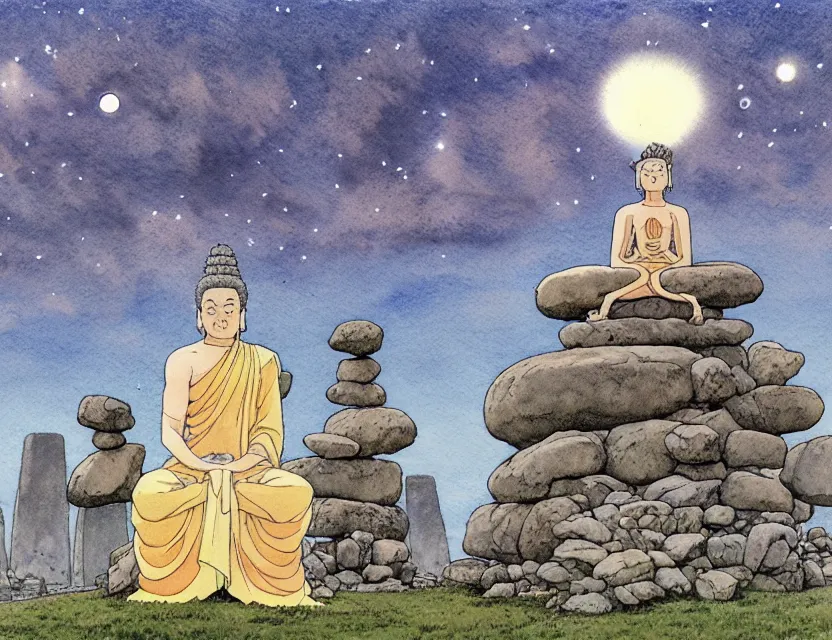 Prompt: a hyperrealist studio ghibli watercolor fantasy concept art of a giant long haired grey buddha in lotus position sitting on top of the stones of stonehenge with a starry sky in the background. a ufo is in the sky. by rebecca guay, michael kaluta, charles vess
