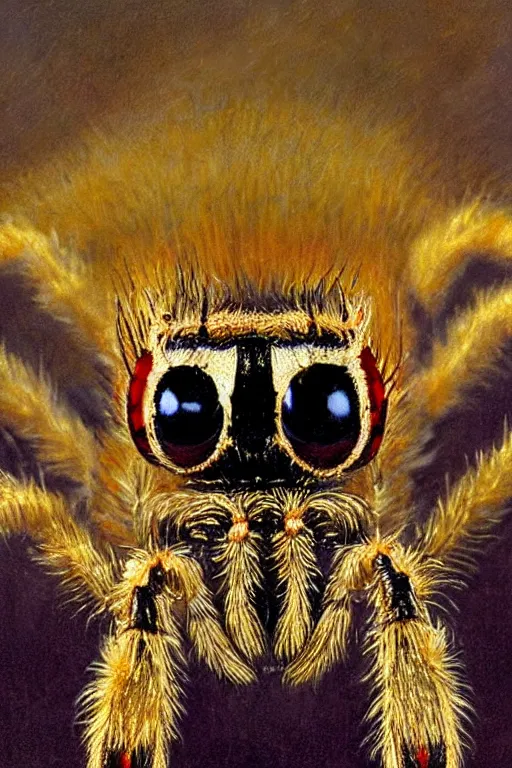 Prompt: closeup portrait of royal jumping spider. painting by gaston bussiere and craig mullins and j. c. leyendecker and ernst haeckel and john william godward and hammershøi