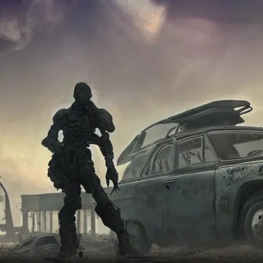 Prompt: pc game cover with a broken down car in wasteland fallout style with a mutant standing in front of in. artstation trending 4 k award winning