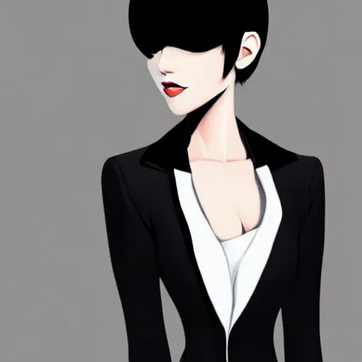 Image similar to slim killer girl in tuxedo with black bob hair, elegant, 2d, ultra highly detailed, digital painting, smooth, sharp focus, artstation, art by Ilya Kuvshinov