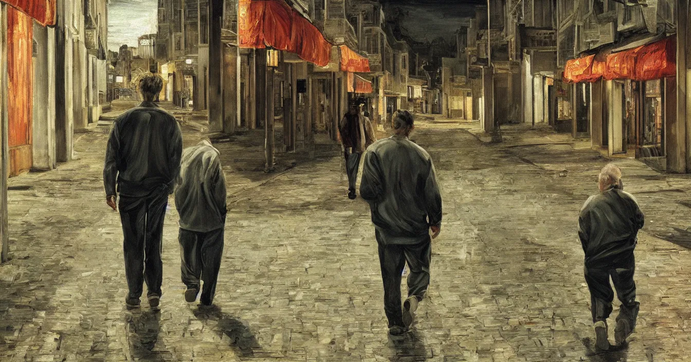 Image similar to high quality high detail painting of todd solondz walking with a friend in an empty tel aviv street, night, by lucian freud and gregory crewdson and francis bacon, hd, photorealistic lighting