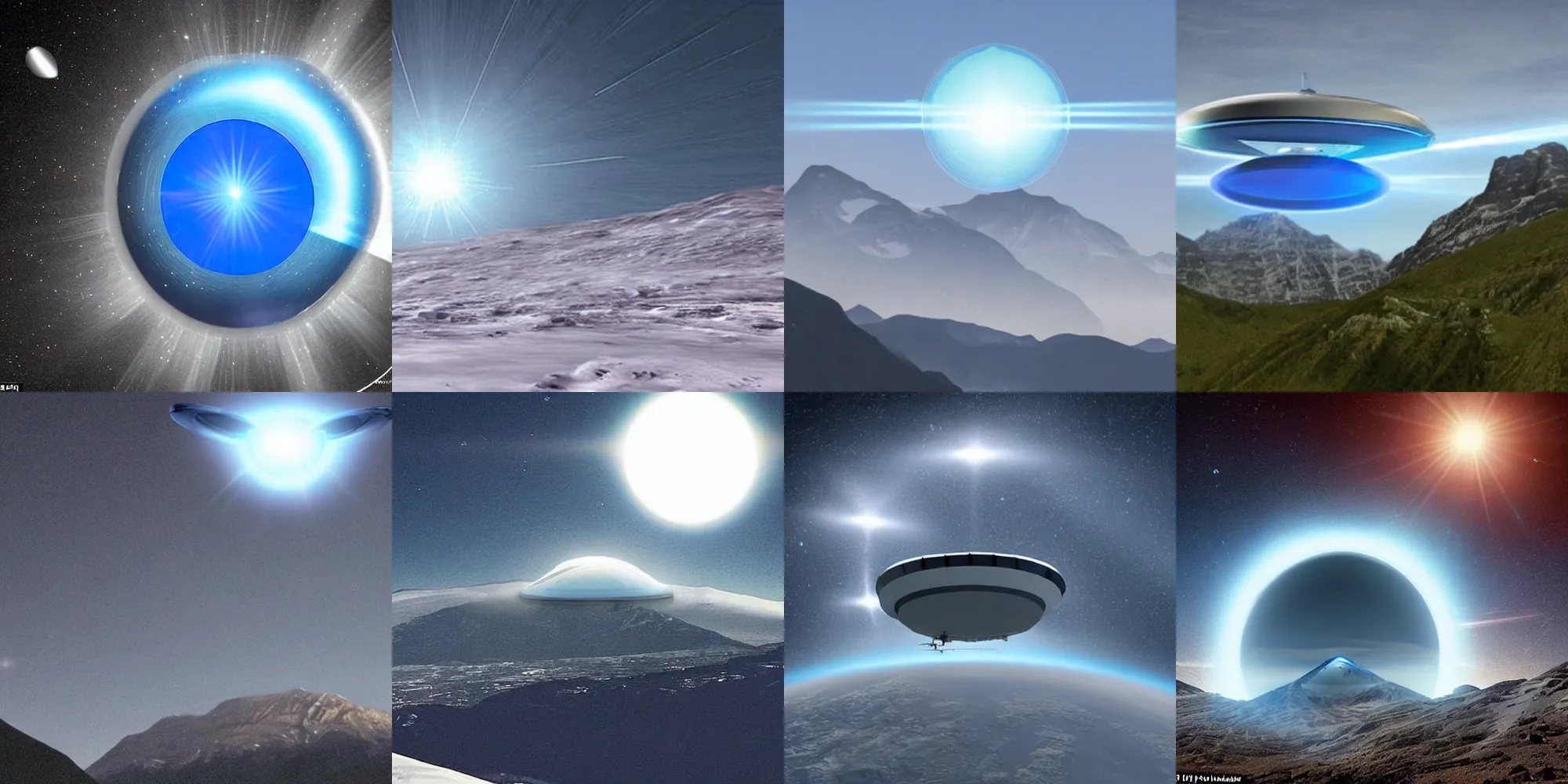 Prompt: the photo shows a large, silver disk shaped ufo hovering in the sky above a mountain range. the object appears to be surrounded by a bright glowing blue aura. there is no sign of any engines or propulsion system
