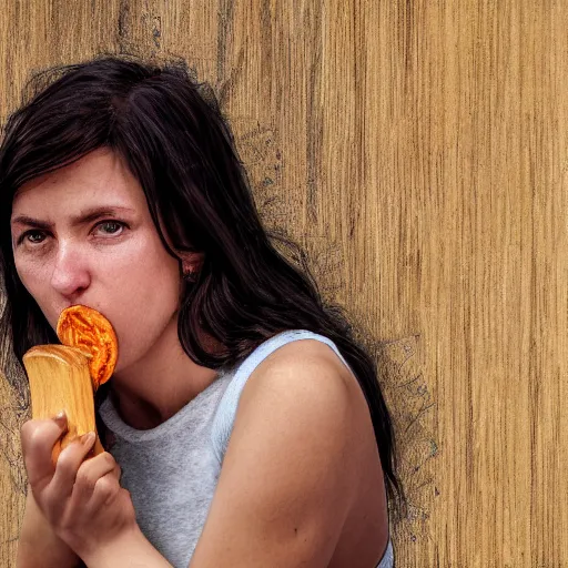 Prompt: a portrait of a woman eating a piece of wood, detailed, hd, 4k, 8k, high res