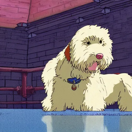 Image similar to a Goldendoodle in spirited away, studio ghibli, highly detailed,