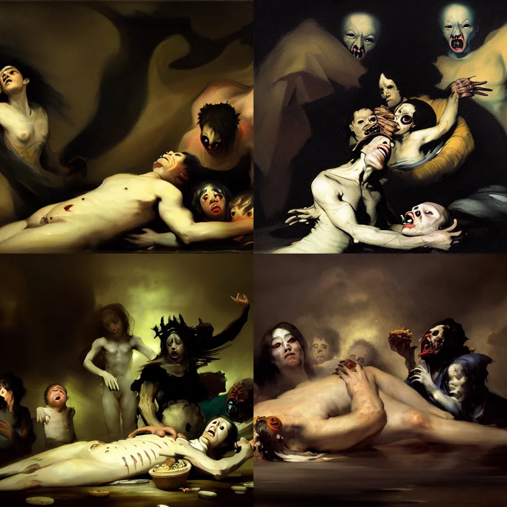 Prompt: a magnificent masterpiece artwork depicting a sad family of demon gods of sorrow and despair, feasting on a dead body, by francisco goya, by greg rutkowski, trending on artstation, cinematic, highly detailed, 8 k,
